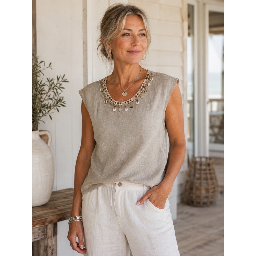 Lintico Coastal Grandma Top Women Small Cream Linen‎ Shell Embellished NWT